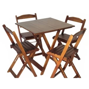Mesa Dobrável 70x70 Tampo Madeira 4 Cadeiras Dobrável Retrátil Imbuia.