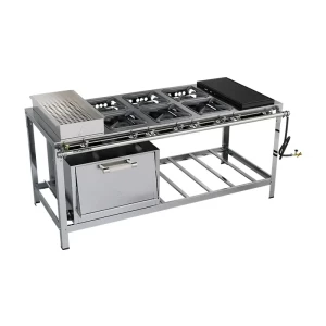 FOGÃO 6 BOCAS SÉRIE LUXO COM FORNO E CHAPA E BANHO MARIA 3QS/3QD BAIXA PRESSÃO - METALMAQ.